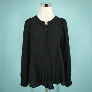 J. Crew Size Medium M Black Pleated Button Long Sleeve Popover Silk Top Blouse